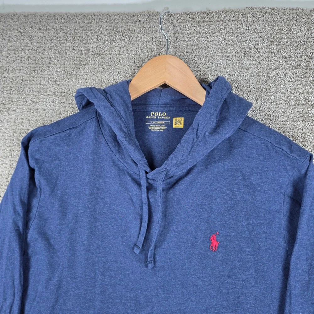 Polo Ralph Lauren Mens Blue Long Sleeve Hooded T Shirt Size Large Red Pony Logo
